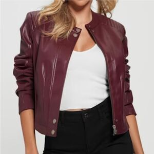 New Guess Fiammetta Faux Leather Moto Jacket Mystic Wine Size XS
